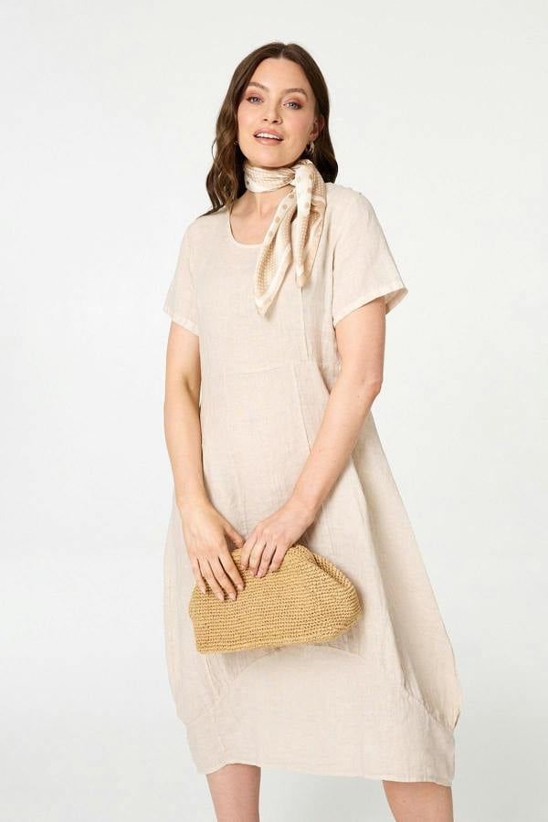 Beige | Short Sleeve Oversized Midi Shift Dress