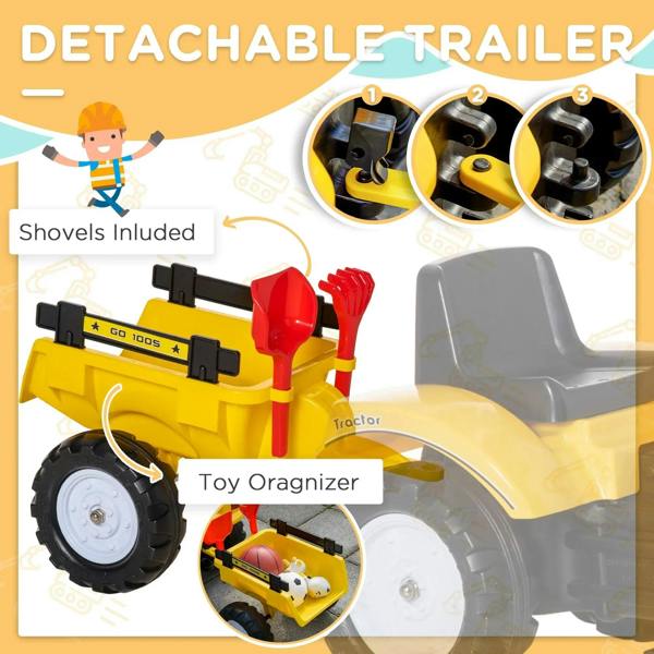 Yellow ride-on construction tractor with detachable trailer and shovel storage