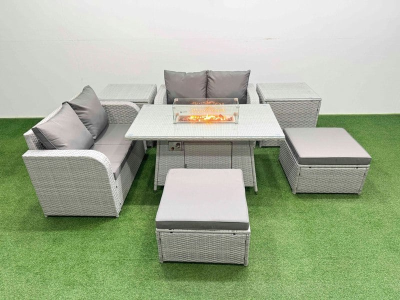 Fimous 6 Seater Outdoor Love Sofa Set Rattan Garden Furniture Set with Fire Pit Dining Table 2 Footstool 2 Side Tables Light Grey