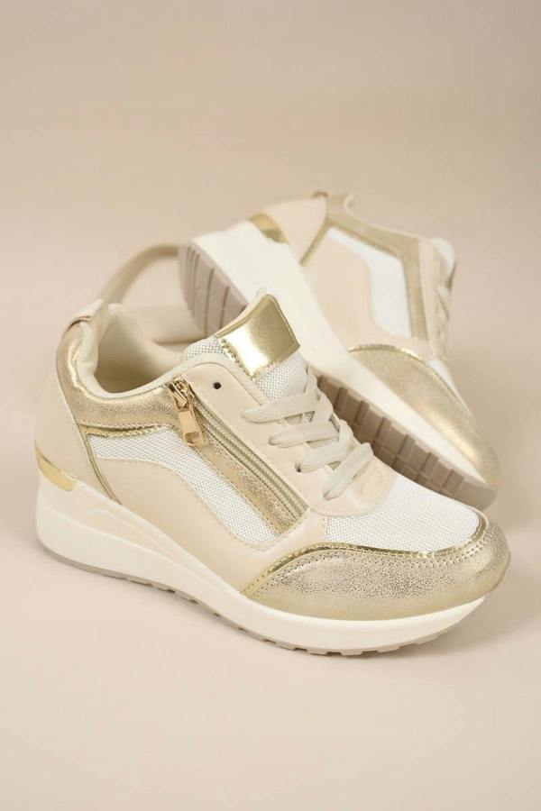 Elira Zip Side Mesh Panel Wedge Trainers - Gold
