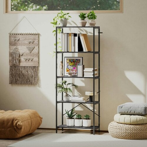 Wyld Haus Livemi Metal And Wood Dark Grey And Black 5 Tier Industrial Bookcase