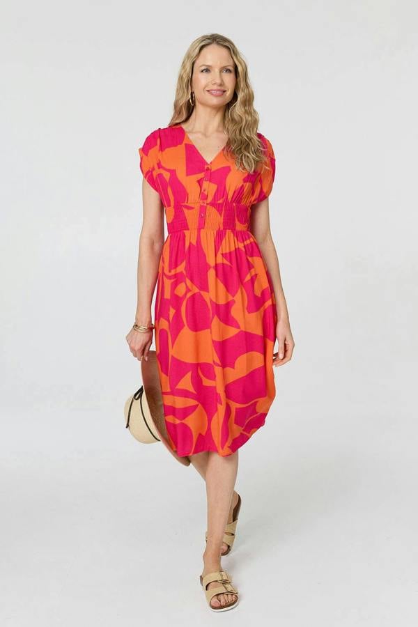 Pink | Abstract Cap Sleeve Shirred Midi Dress