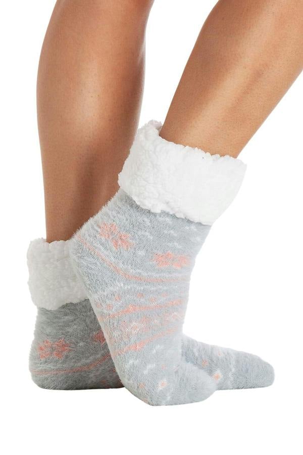 Ladies Soft and Fuzzy Fairisle Print Bed Socks