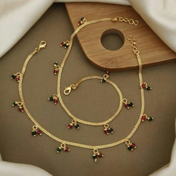 The Colourful Aura Golden Brass Rounds Red Green Beads Indian Payal Anklet