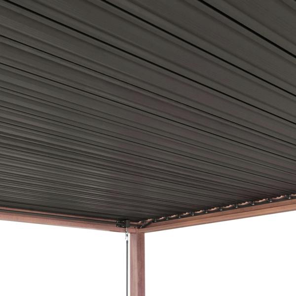 Wood effect aluminum pergola with adjustable blinds, featuring a sleek dark finish and modern design, perfect for outdoor spaces