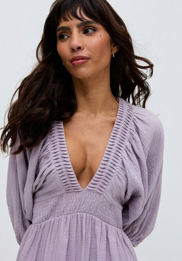 Soipoi Ruched V-Neck Mini Dress In Purple