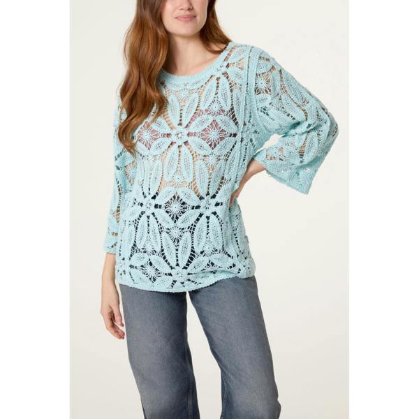 Blue Vanilla Flower Crochet Long Sleeve Top