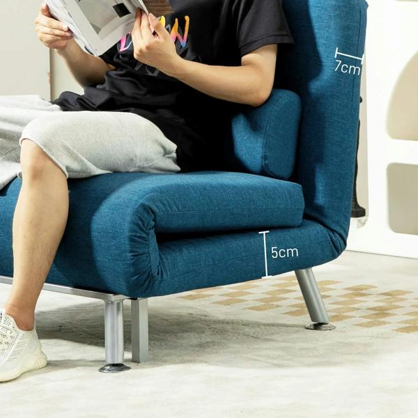 Blue sleeper chair with padded seat and backrest, rounded arms, metal feet