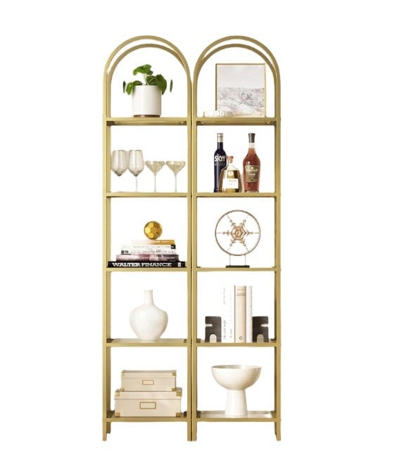 Modcraft 5-Tier Tempered Glass Shelf Unit, Arched Display Rack, Metallic Gold Frame 183.5 cm