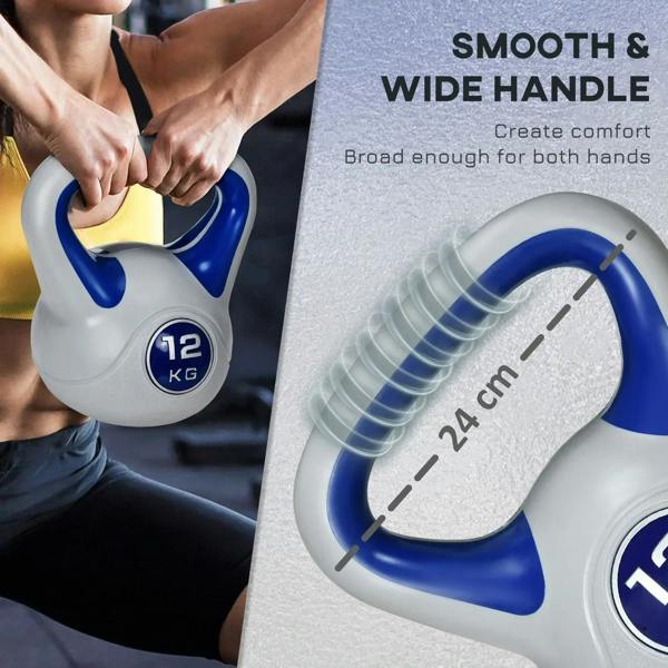12 kg kettlebell with wide smooth handle, hands gripping the blue handle