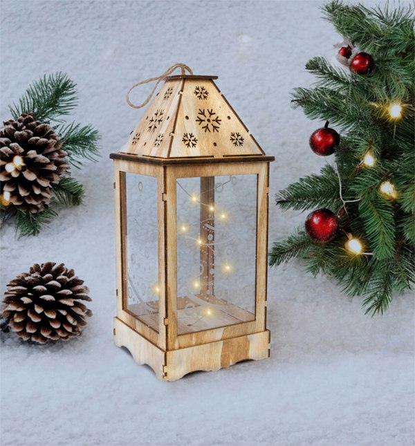 St Helens LIGHT BROWN WOODEN CHRISTMAS LANTERN  WITH PERSPEX