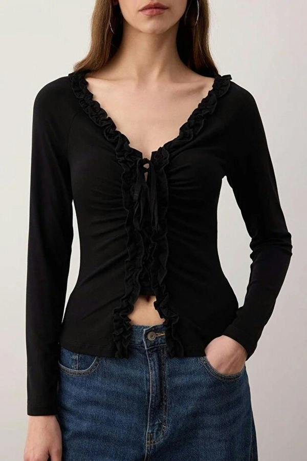 WOVCOR Gathered Long-Sleeved Stretch Knit Blouse