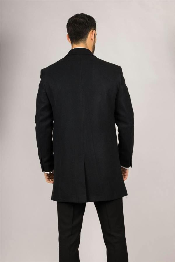 Infinity Leather Men's Notched Lapel Collar Wool Blend Black Overcoat