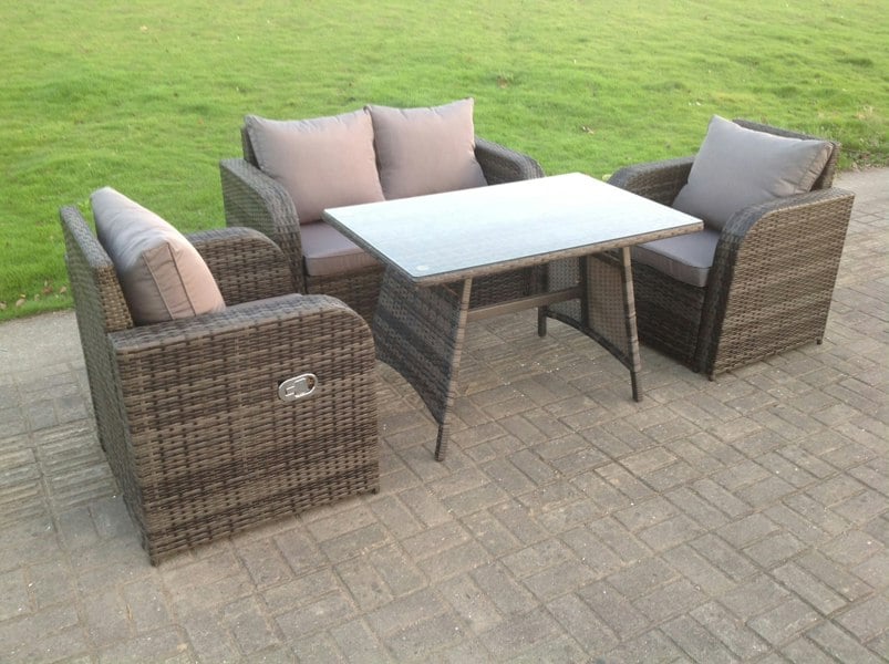 Fimous PE Rattan Garden Furniture Set Adjustable Chair Sofa Double Love Seat 2 Seater Sofa Oblong Rectangular Dining Table
