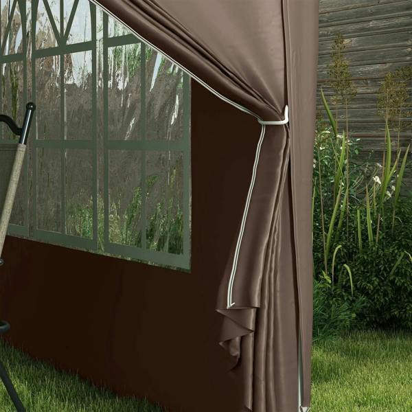 Coffee gazebo side window panel with draped curtain trim and gathered fabric edge