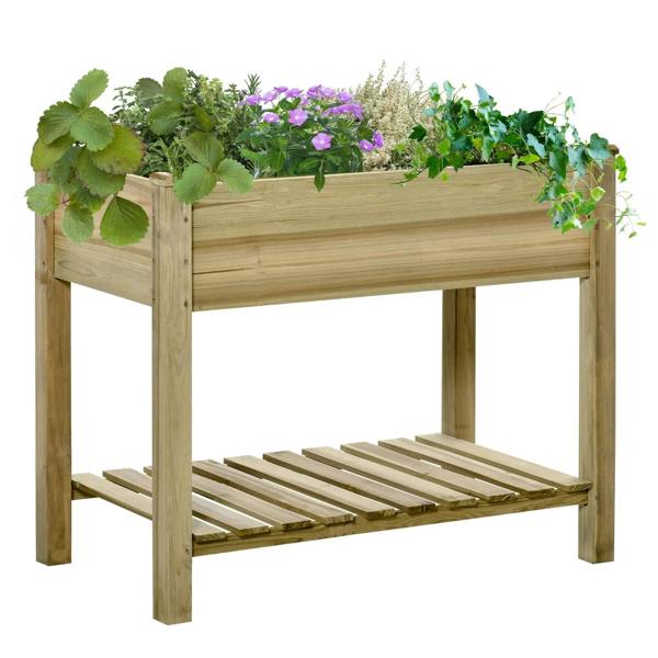 Raised wooden garden planter bed with legs and lower storage shelf, light green plants