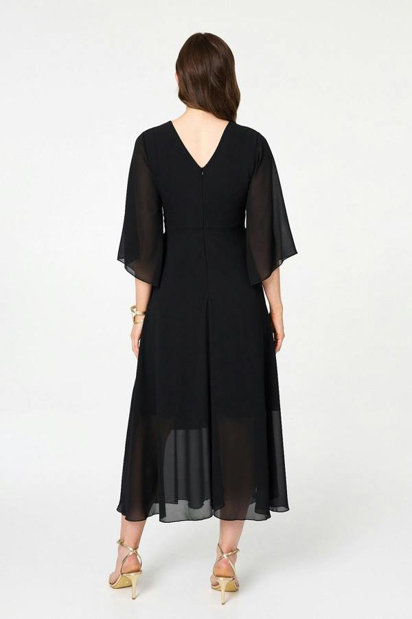 Black | Twist Front Layer 3/4 Sleeve Maxi Dress