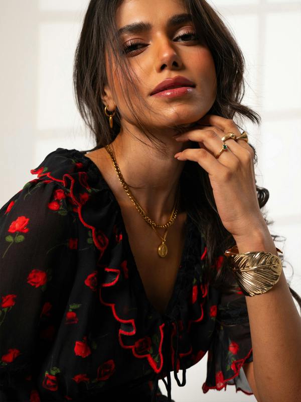 Rose & Nancy Toni Red Rose Print Velvet Tie Maxi Dress&nbsp;
