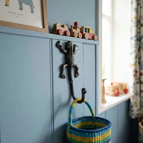Close-up of antique cast iron gecko hook on children's room wall, supporting a woven basket, showcasing vintage style and durability.