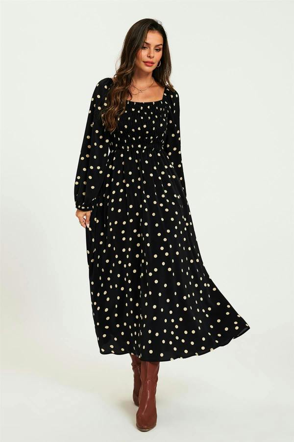 FS Collection Polka Dot Square Neck Maxi Dress In Black