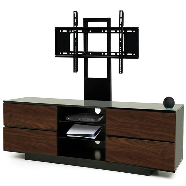 Homeology Avitus Gloss Black with 4-Walnut Drawers and 3-Shelves up to 65" LED/LCD/Plasma TV Stand with Mounting Arm