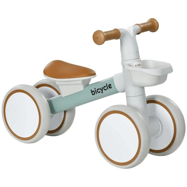 Kids balance bike with adjustable seat, green frame, brown padded seat, white wheels