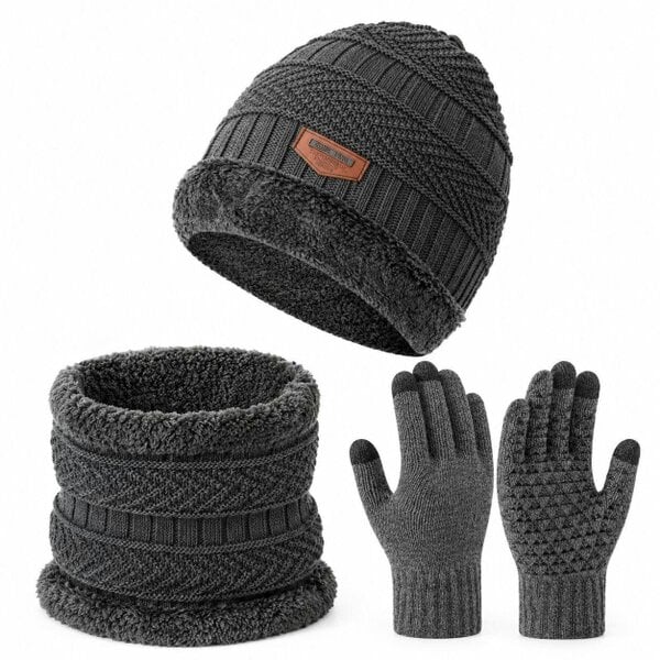 Obasyhig Fleece-Lined Knitted Winter 3-Piece Set - Light Grey - Style 1