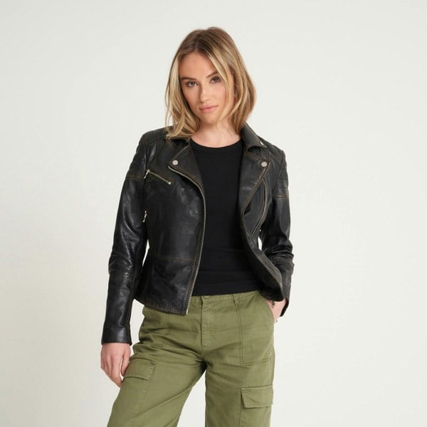 Barneys Originals Women's Washed Clara Leather Biker Jacket