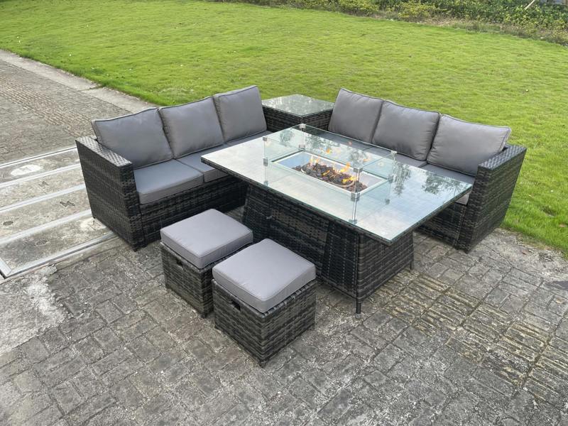 Fimous Outdoor Rattan Garden Corner Furniture Gas Fire Pit Table Sets Gas Heater Lounge Small Footstools Dark Grey