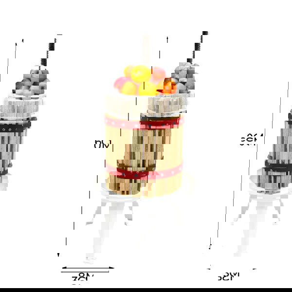 KuKoo 12 Litre Fruit Press with a wooden barrel, red accents, and a mesh top filled with fresh apples, standing on a white base