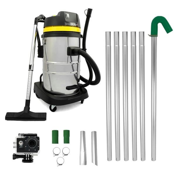 50L wet and dry vacuum with stainless steel body, flexible hose, gutter vacuum poles, and an action camera for versatile cleaning tasks