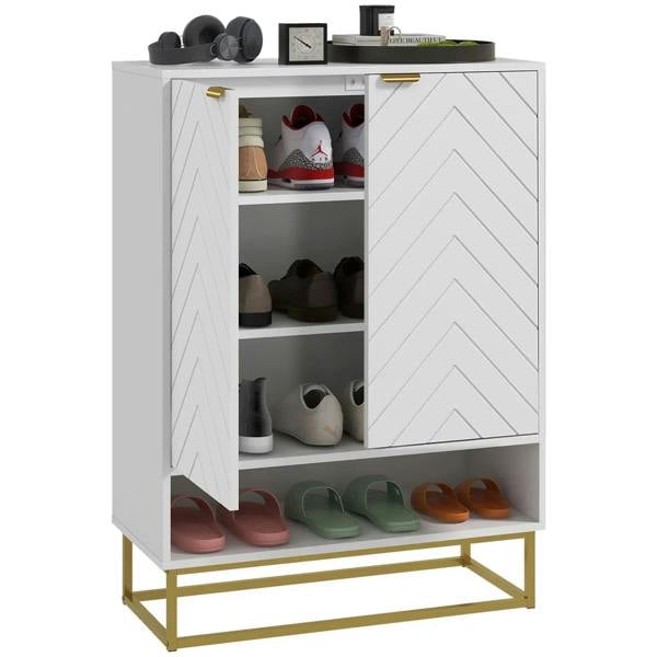 White shoe storage cabinet with open shelves, chevron doors, gold handles, and base frame