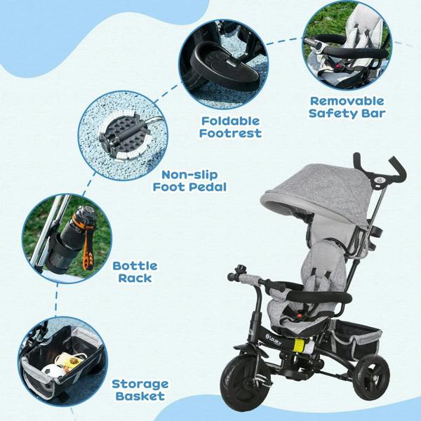 Grey kids push trike with foldable footrest, removable safety bar, and storage basket