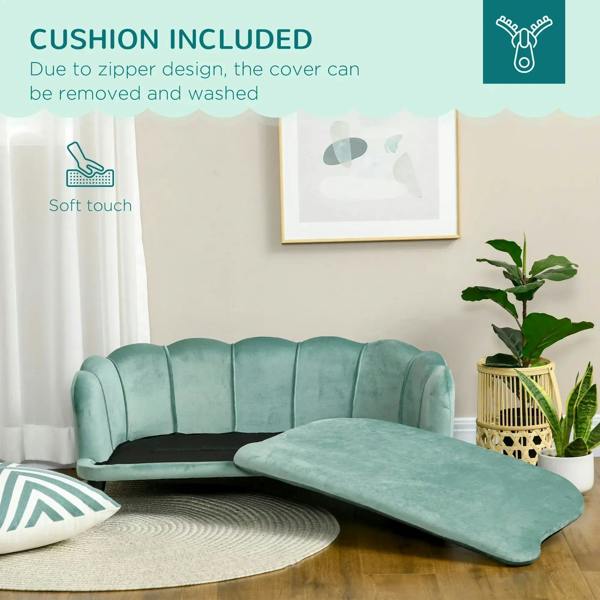 Green dog sofa bed with removable zippered cushion cover and spare cushion