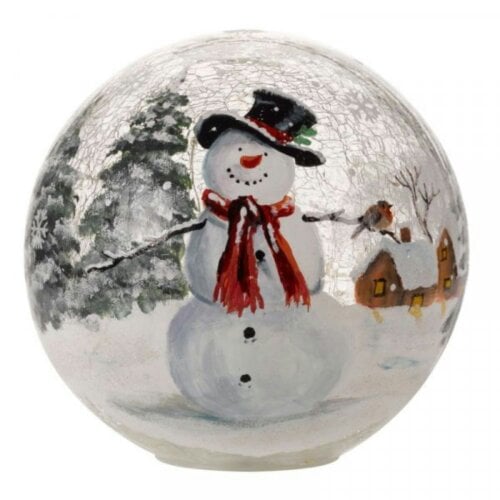 Samuel Alexander 20cm Battery Operated Warm White LED Crackle Effect Ball Christmas Decoration with Snowman