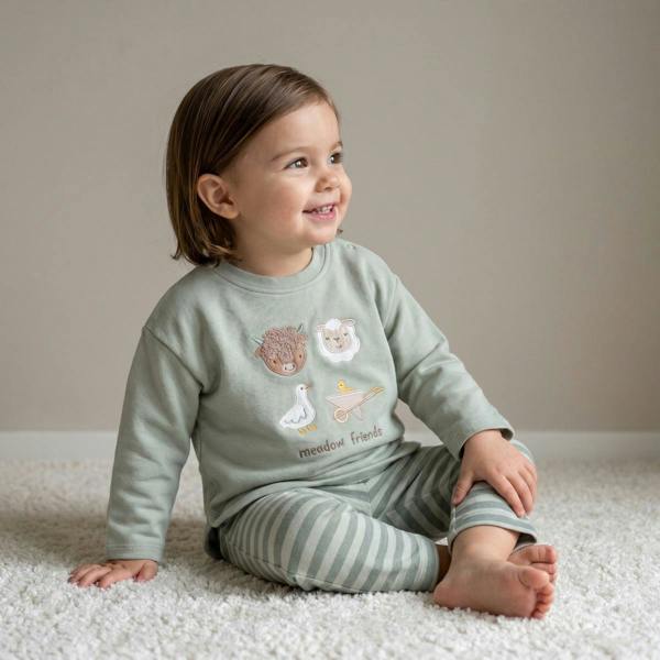 Mini Cuddles Baby Unisex Farm Animal Applique Top & Striped Joggers Set, Sage Green and Cream
