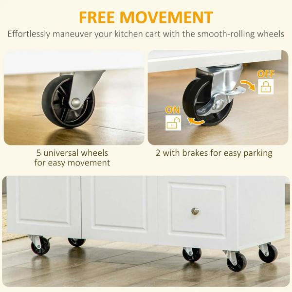 White rolling kitchen island on caster wheels with two wheel locks