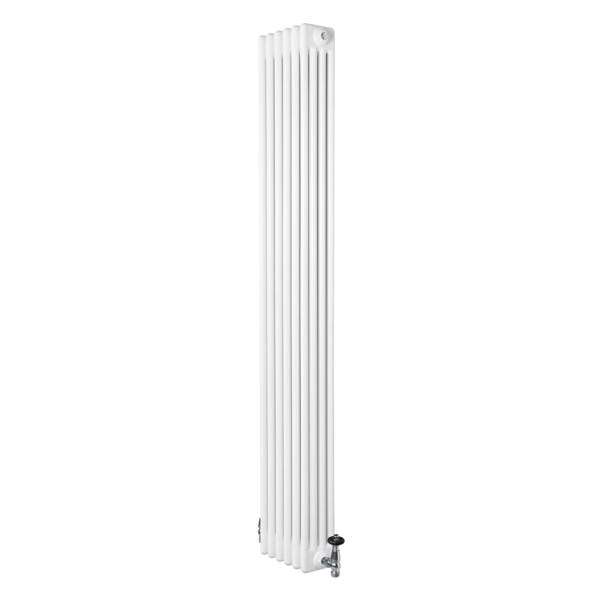 Traditional white 4 column radiator measuring 1800 x 290mm, featuring a sleek vertical design and a valve for easy temperature control