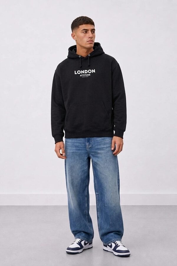 London Attitude Relaxed Fit Dragon Graphic Hoodie in Black