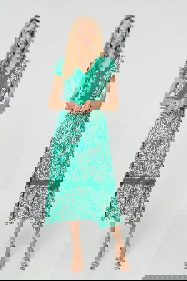 Green | Printed Lace Trim Tiered Midi Dress