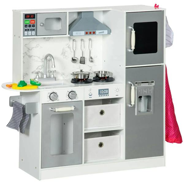 White kids toy kitchen with sink, stove, oven, microwave and included accessories
