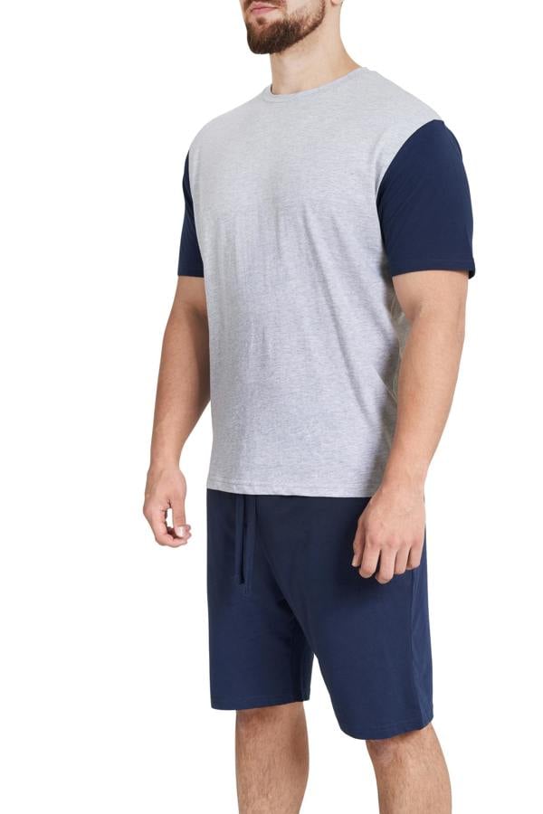 Smart Living Mens Contrast Tee & Short-Leg Pyjama Set - Grey/Navy