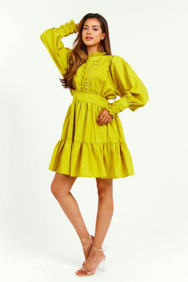 LuvForever Mustard Embroidered Ruffle Mini Dress