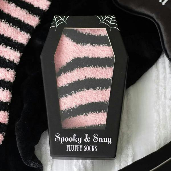 Coffin gift box with pink and black striped fluffy socks, Spooky & Snug