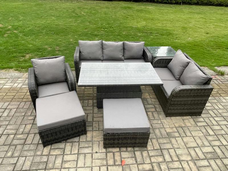 Fimous Rattan Garden Furniture Patio Set, Adjustable Height Table, Reclining Chair Sofa, 2 Side Tables, 2 Big Footstools, Dark Grey Mixed