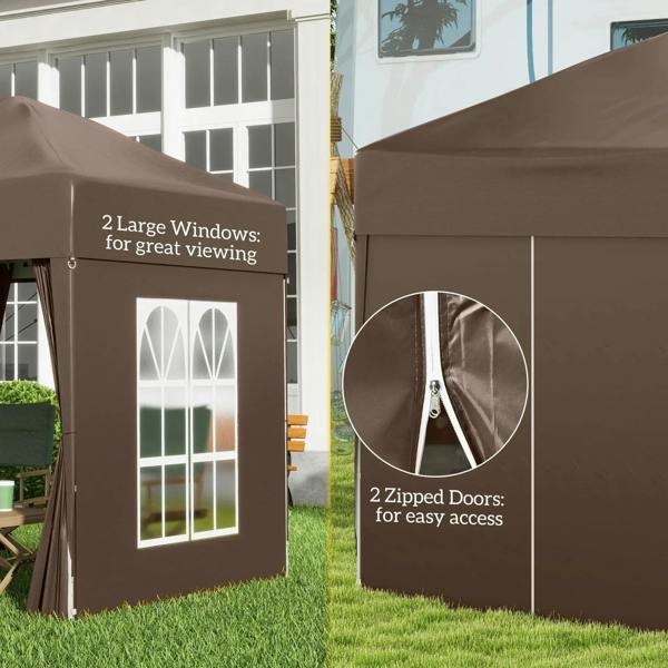 Coffee-brown pop-up gazebo with two zippered doors and large window panels
