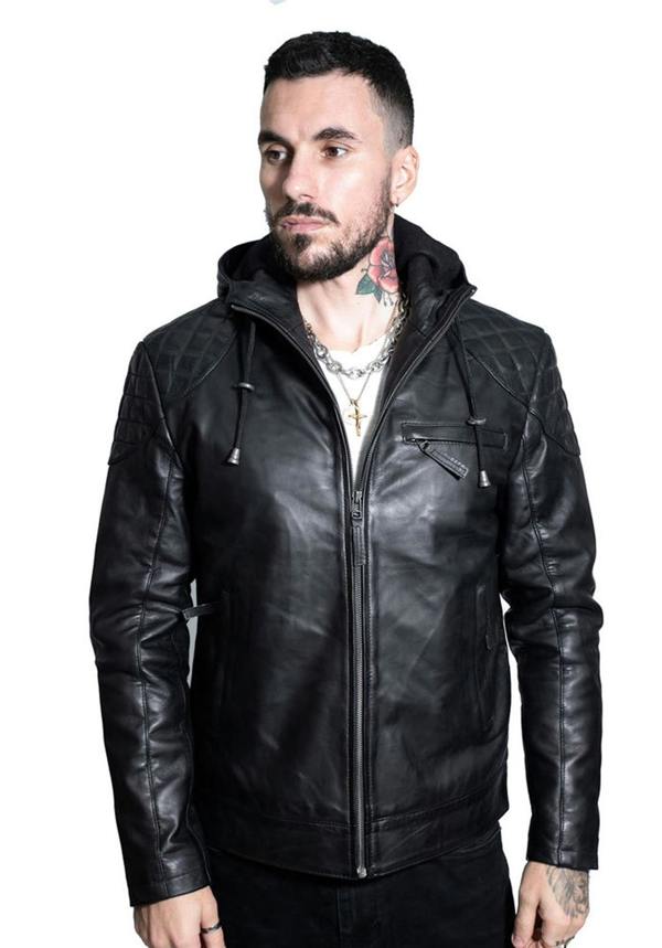 Infinity Leather Mens Retro Hooded Leather Bomber Jacket-Zaria