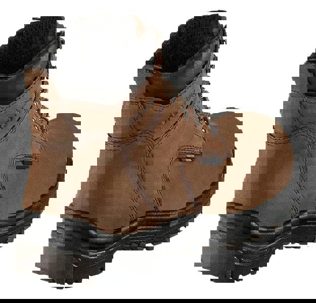 Red Wing Shoes Red Wing King Toe 3043 Mens 6" Vibram Waterproof S7L Safety Ankle Boots, brown leather work boot with black padded collar, rugged rubber outsole, and metal eyelets for laces.