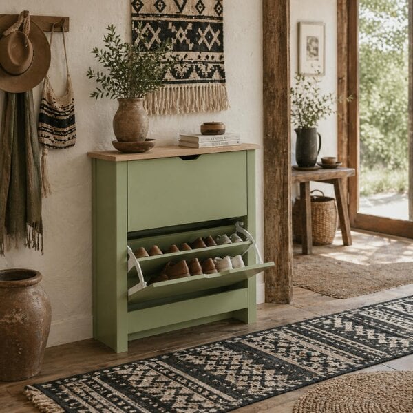 Wyld Haus Wooden Green Slim Shoe Cabinet With 2 Flip Drawers For 12 Pairs