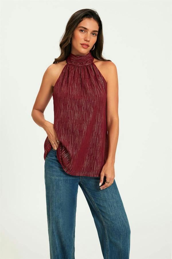 FS Collection Gold Stripe Foil Halter Neck Tie Back Top In Wine
